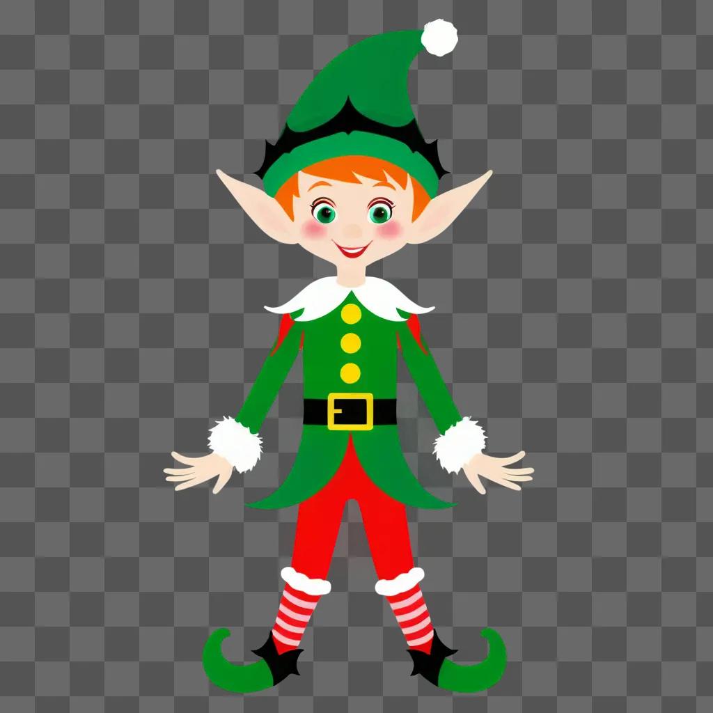 festive elf with red hair stands against a green background