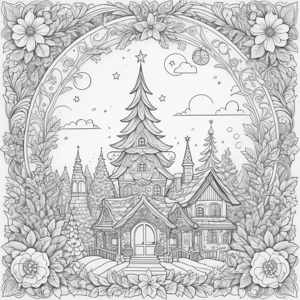 festive holiday coloring page with Christmas trees