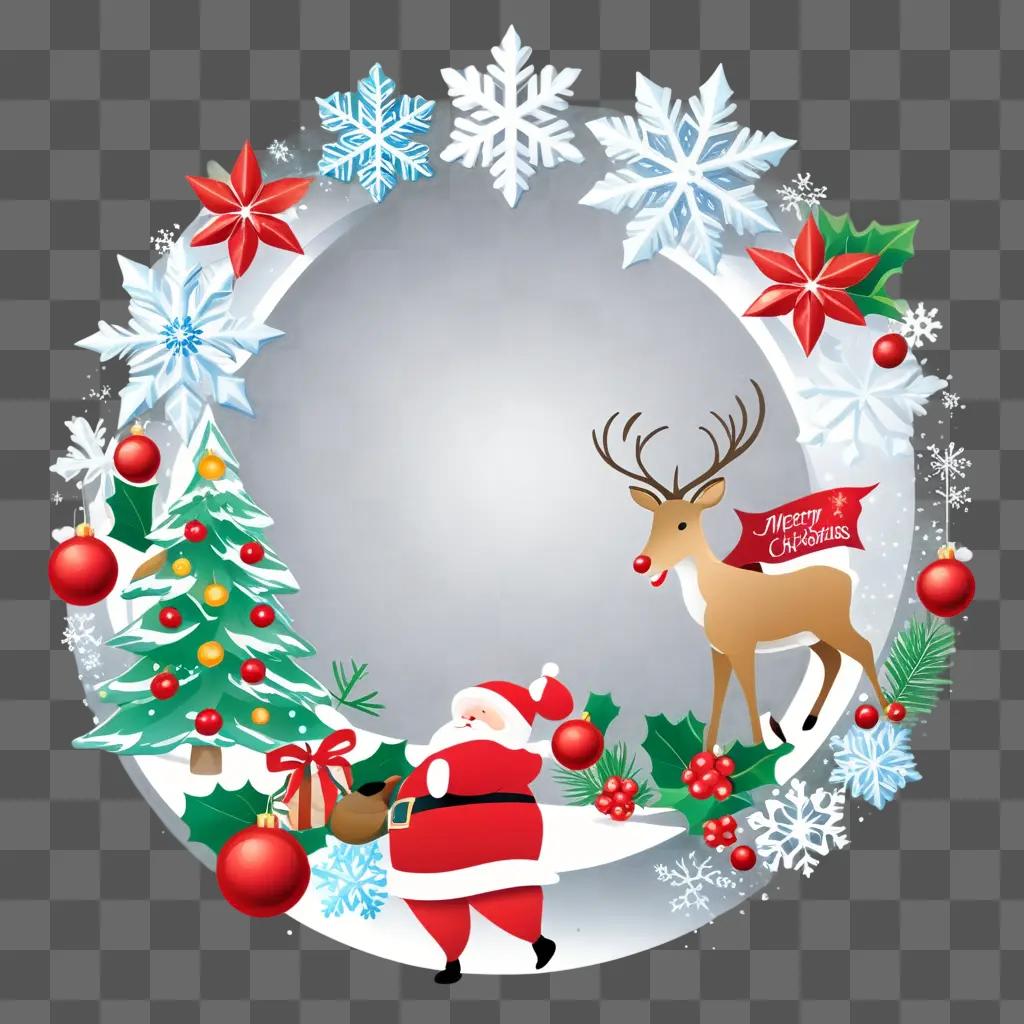 festive wreath with a Santa, reindeer and Christmas tree