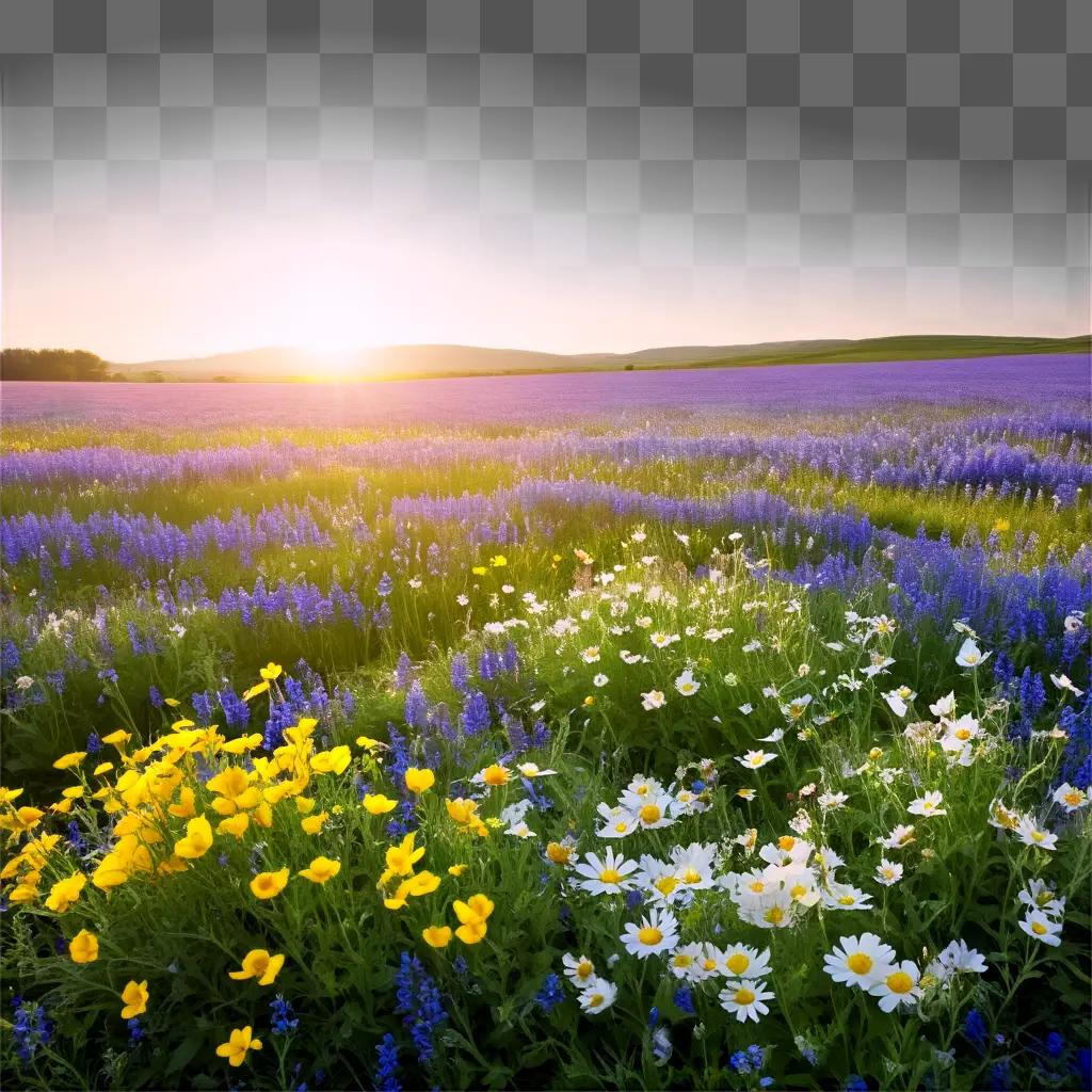 field of flowers, daisies and lilies, bathed in the light of the sun