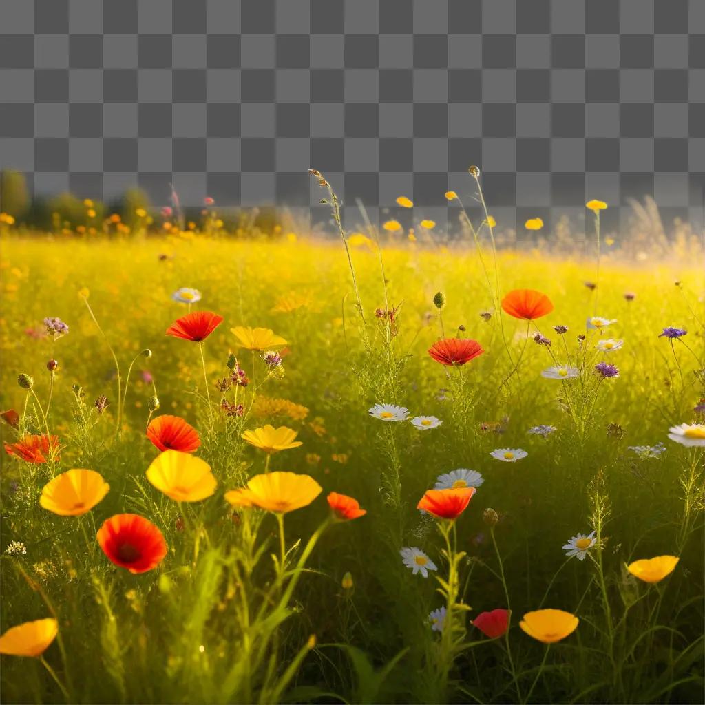 field of flowers in full bloom with a beautiful sunlit sky