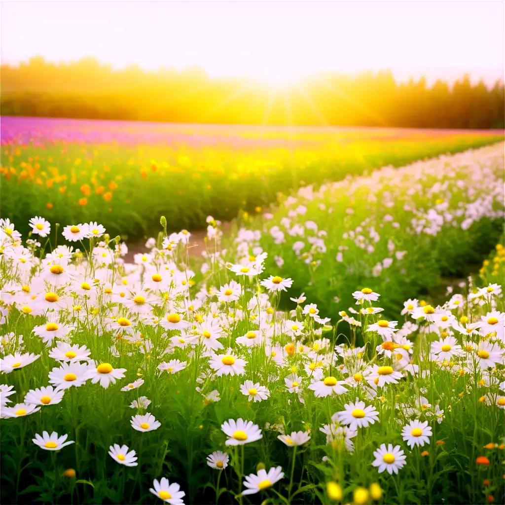 field of flowers with a bright sun behind them