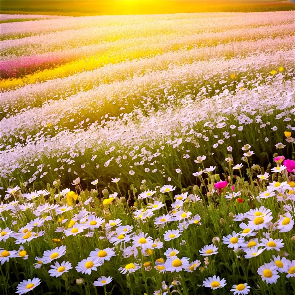 field of flowers with sun shining brightly in the background