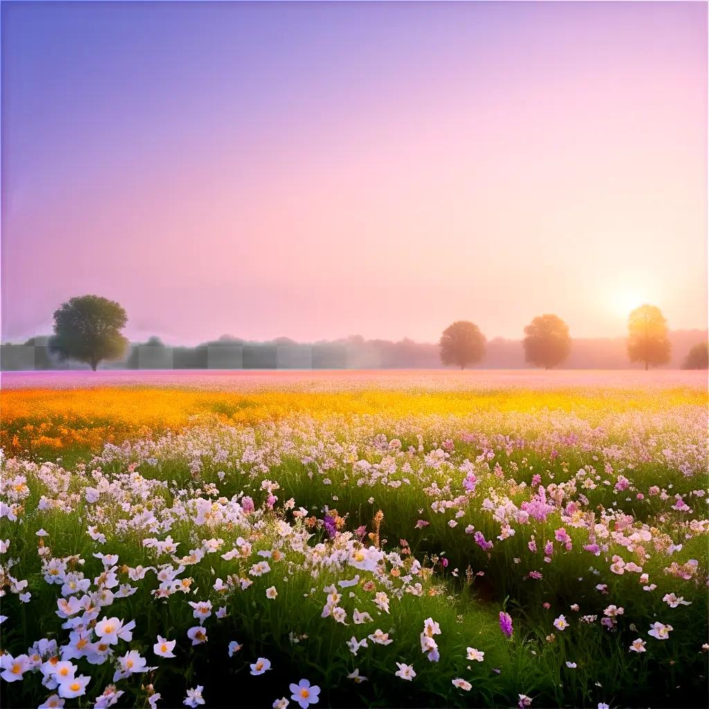 field of flowers with trees in the background