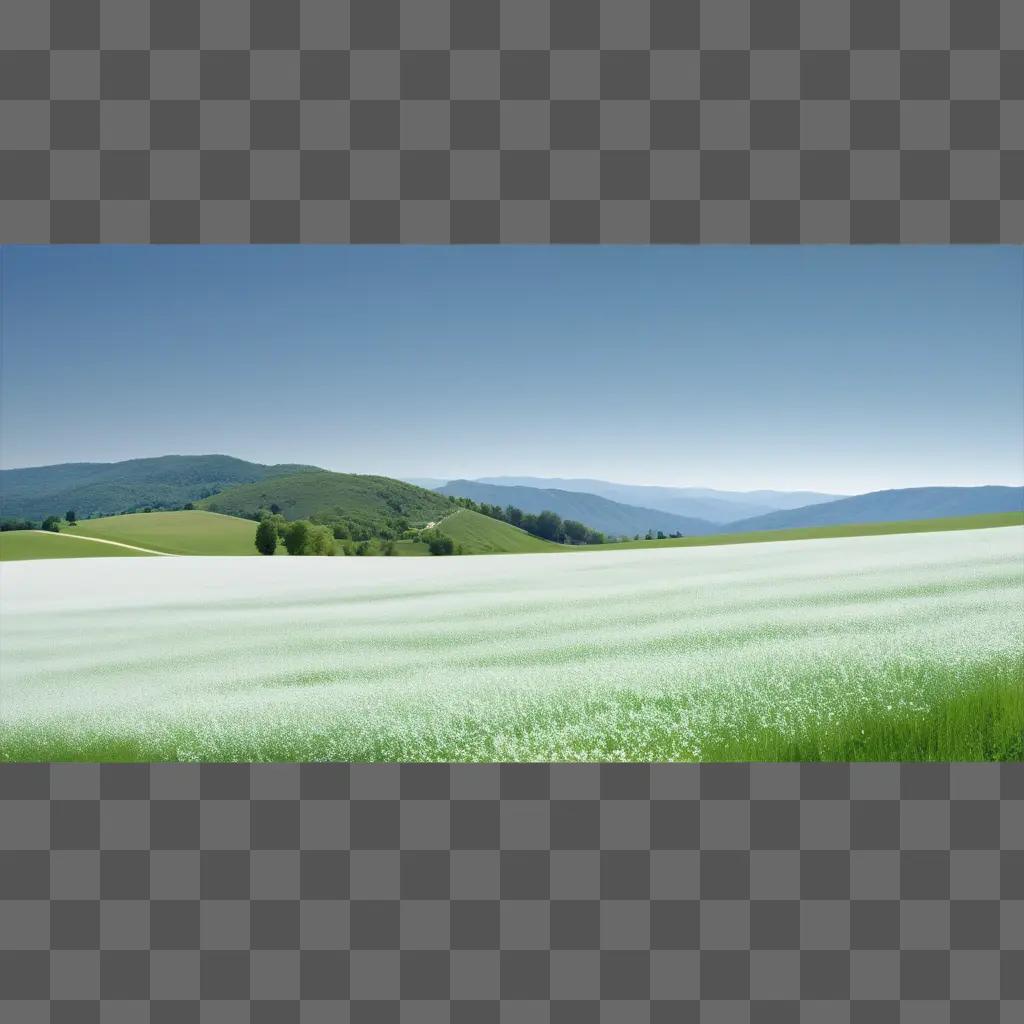 field of green grass with a field of white flowers