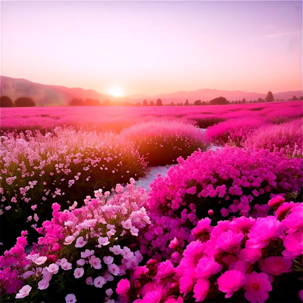 field of pink flowers in a sunlit setting