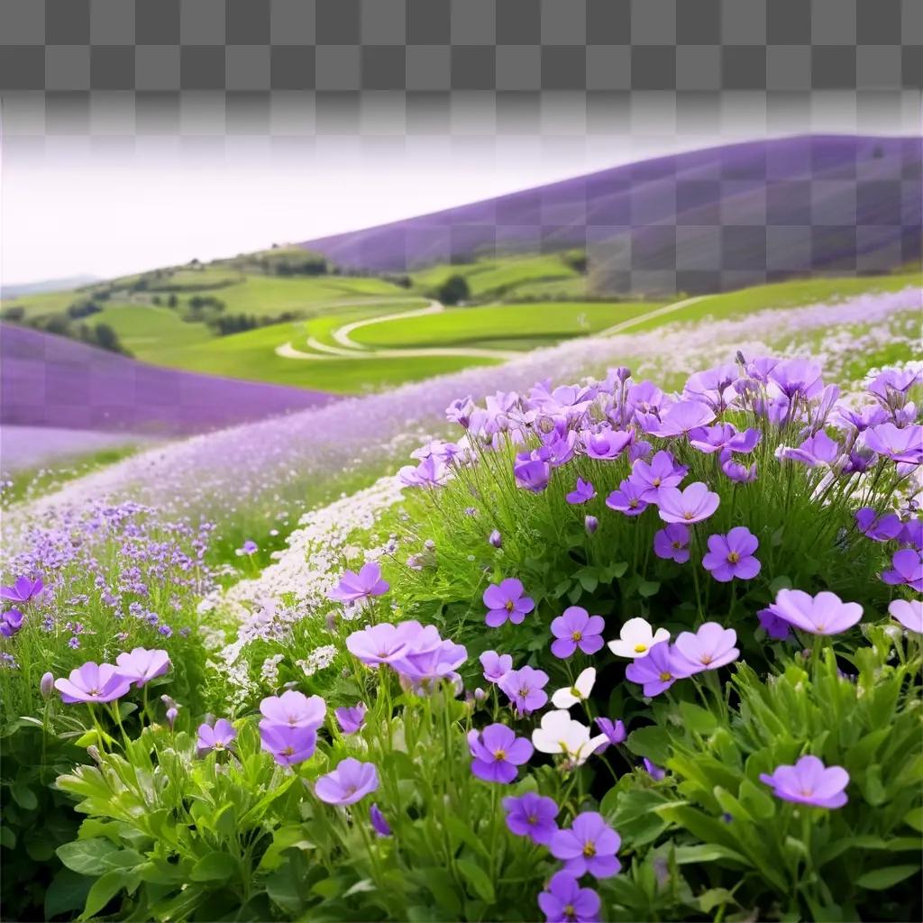 field of purple flowers in a valley