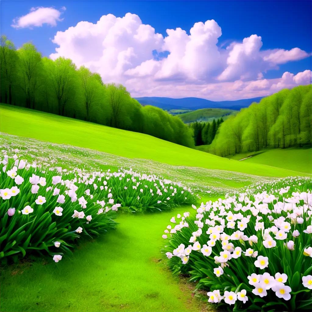 field of white flowers in a spring landscape