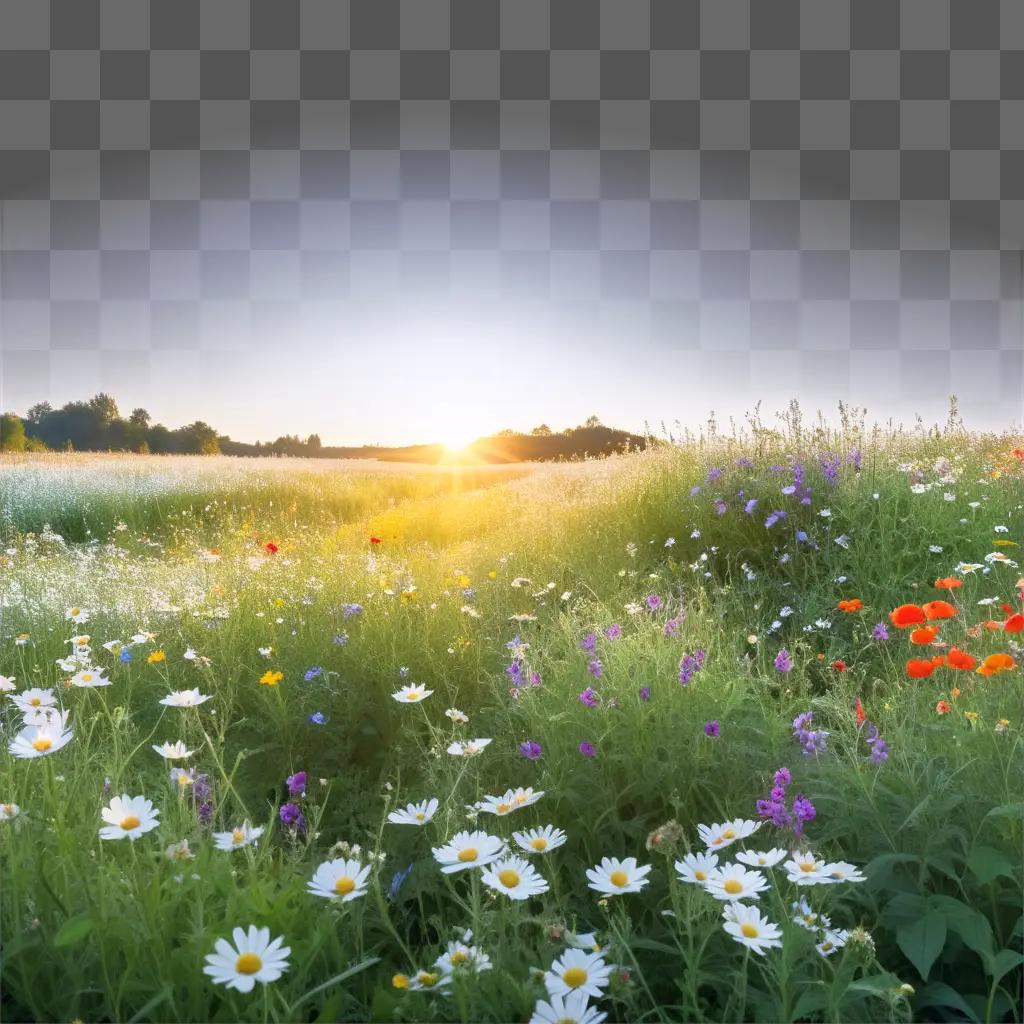 field of wild flowers with a rainbow in the background