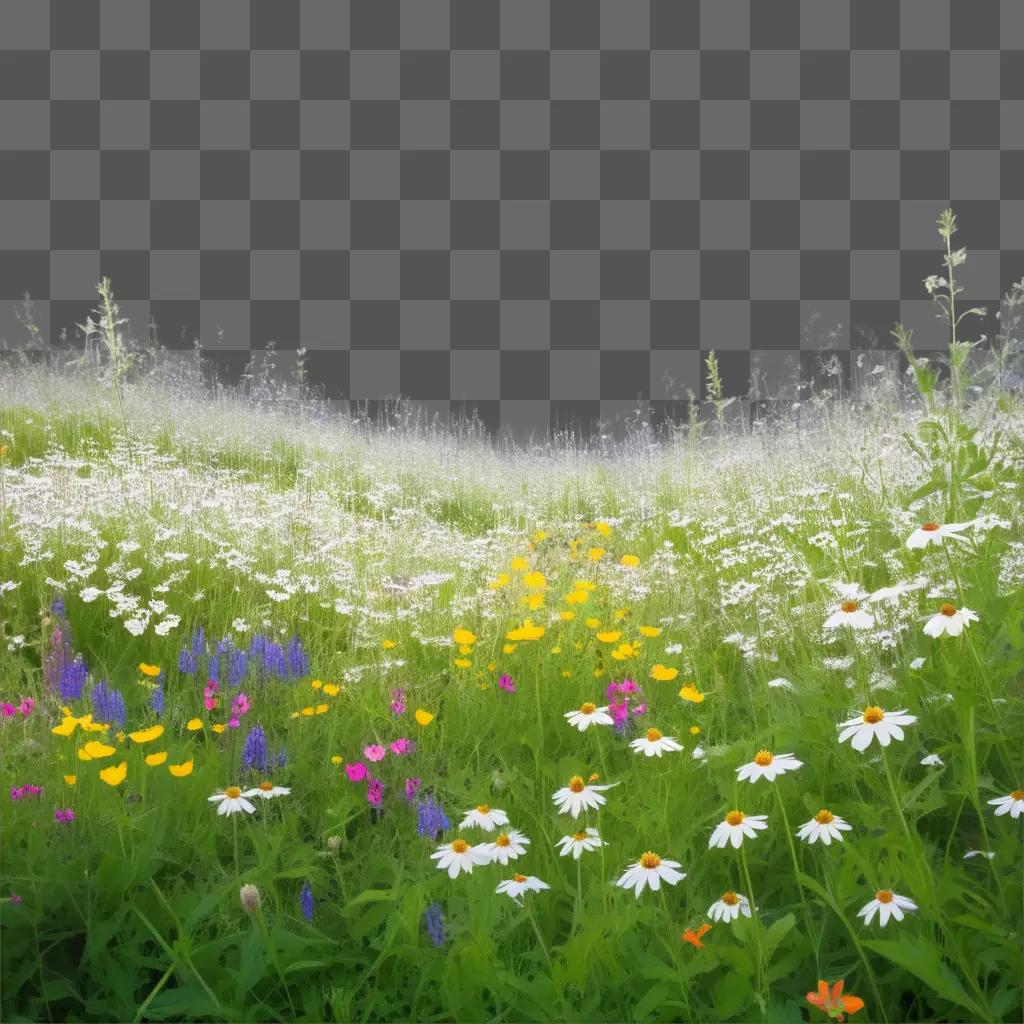 field of wildflowers, a blurred sky, and a green grassy hillside