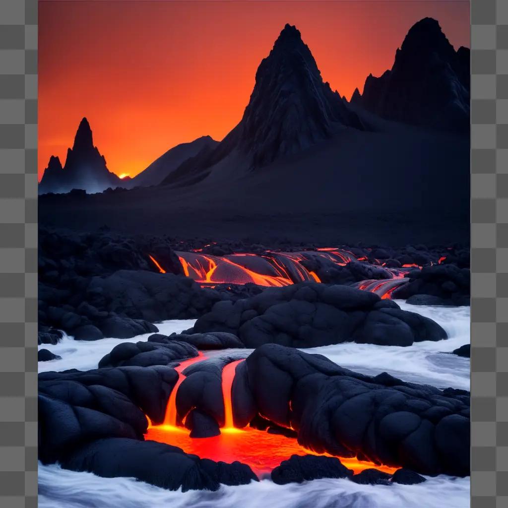 fiery lava flow spills from a mountain