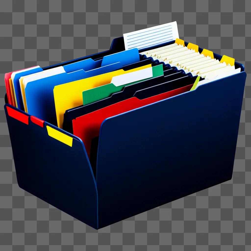 file folder is organized with various colored papers