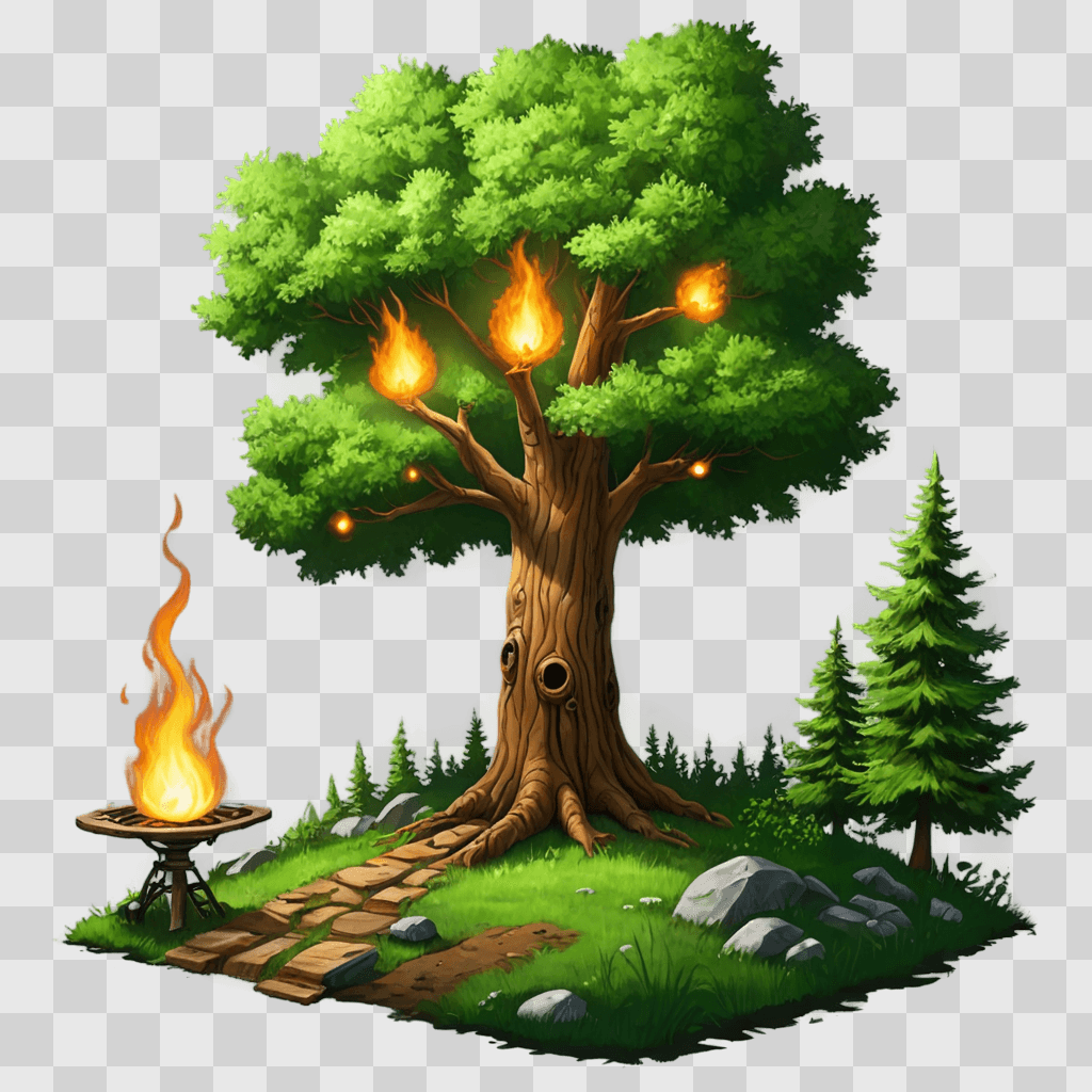 fire drawing for kids A forest with a tree and a fire pit