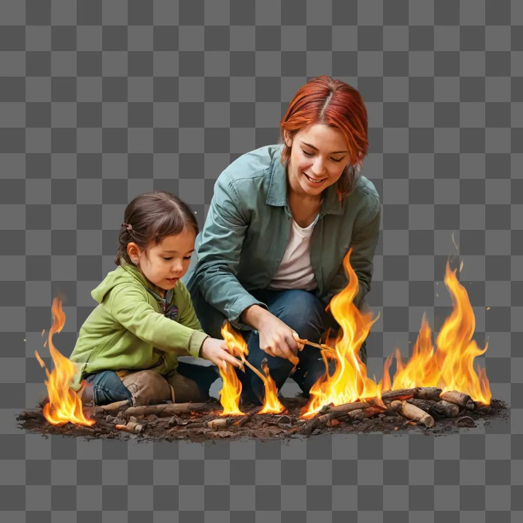 fire drawing for kids A woman and a child make a fire