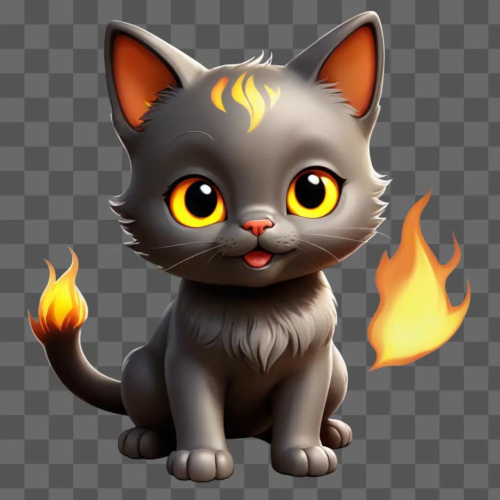 fire drawing outline A cartoon grey cat with fire eyes and yellow flames