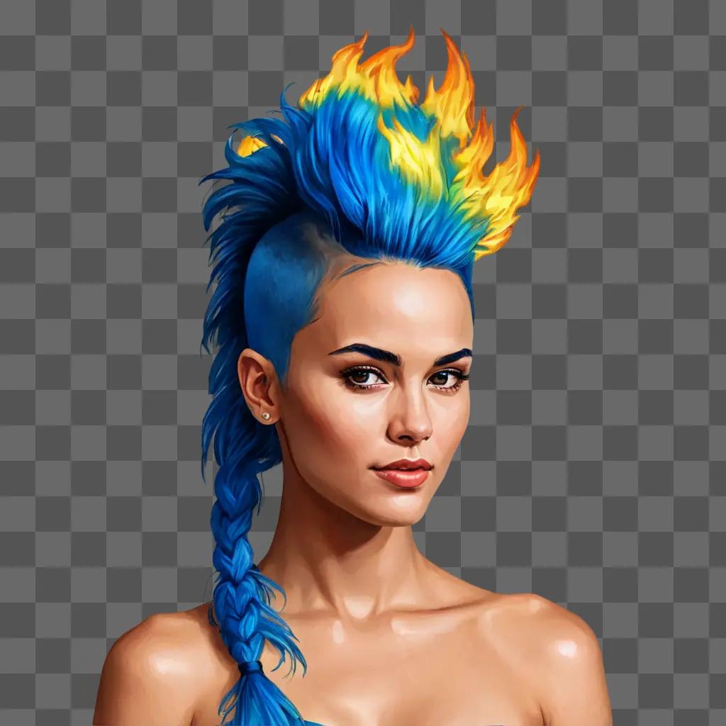 fire drawing outline A woman with a blue mohawk and a blue flame on her forehead