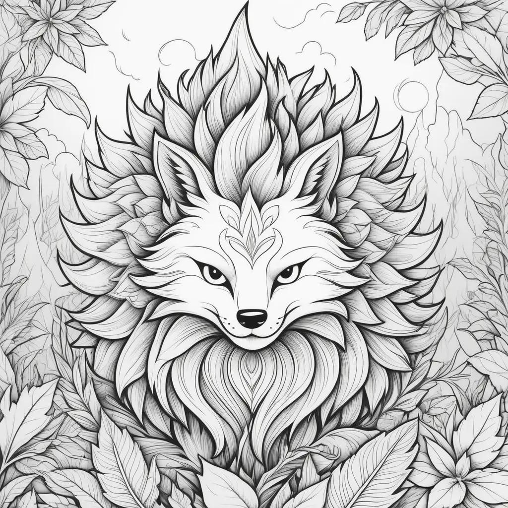 fire-themed fox coloring page with leaves and flowers