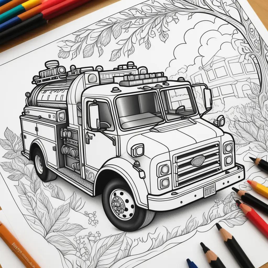 fire truck coloring page with pencils and crayons