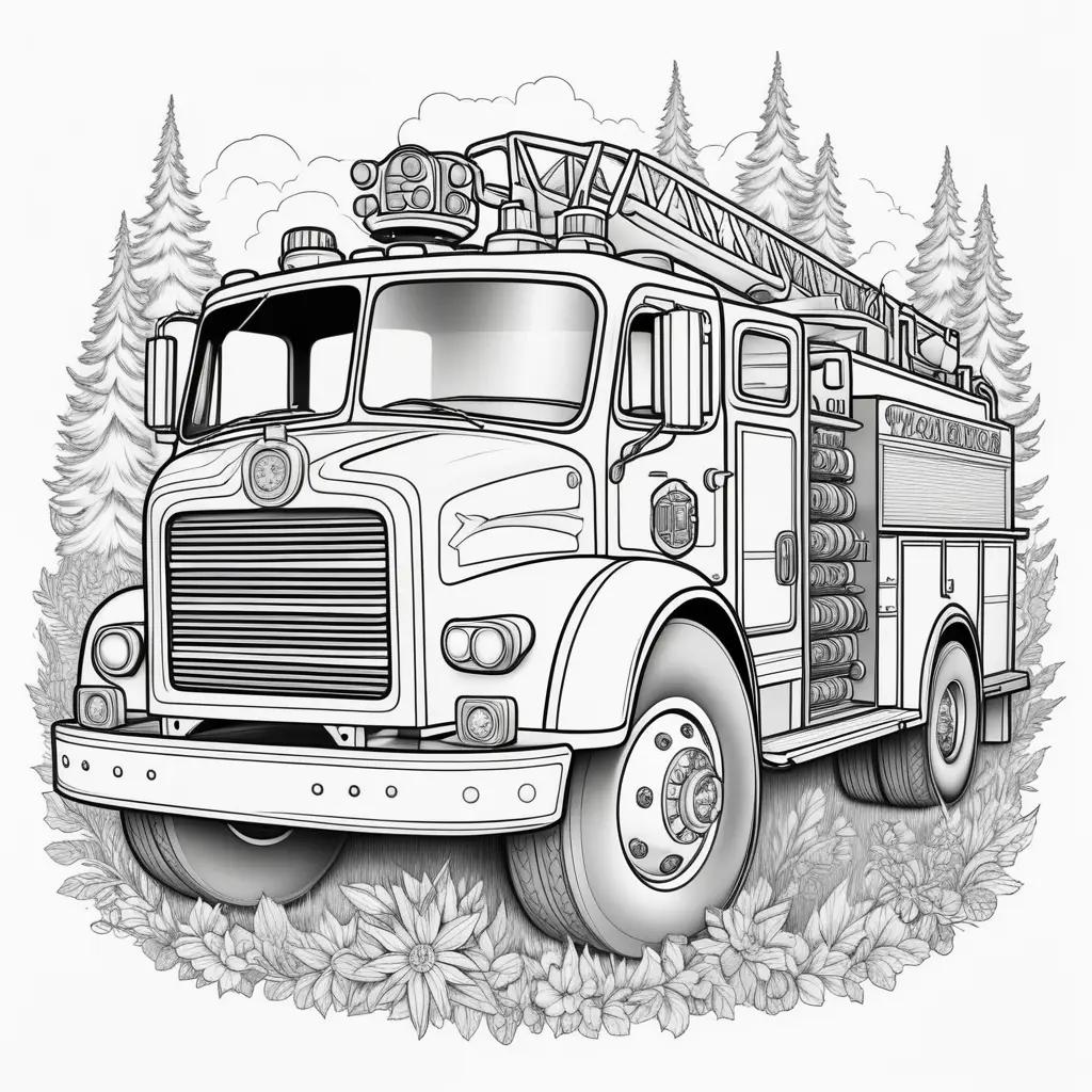 fire truck coloring page with trees and flowers in the background