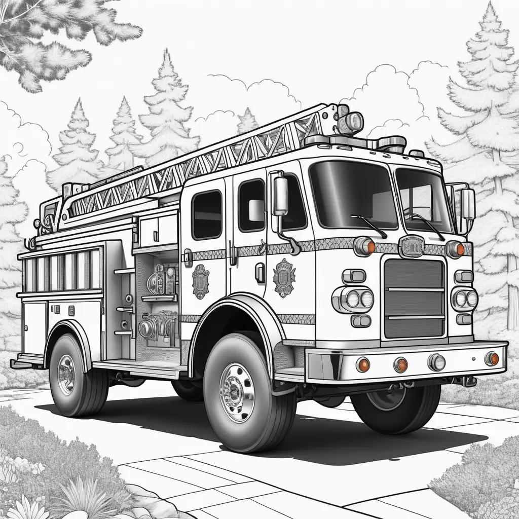 fire truck coloring page with trees in the background