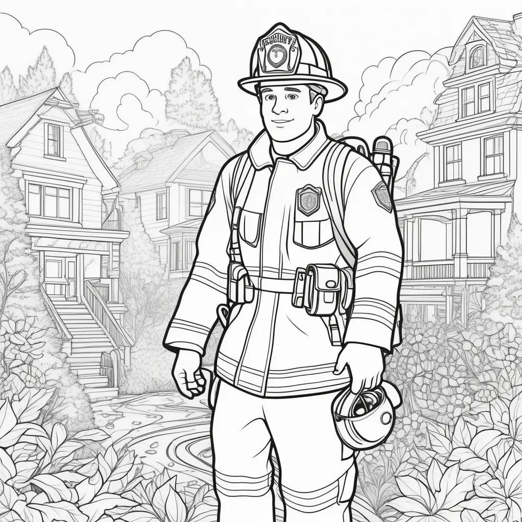 firefighter coloring page featuring a man in a helmet and a fire engine