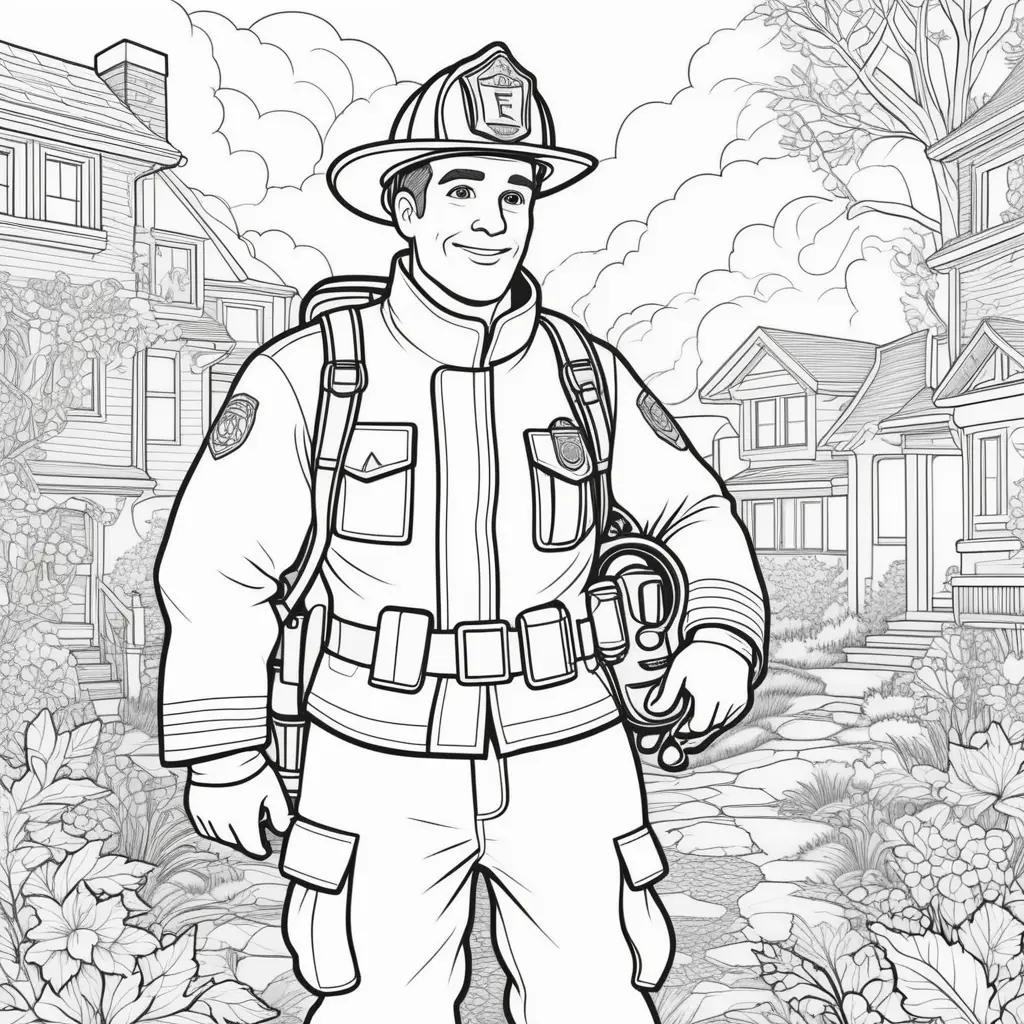 firefighter coloring page with a black and white drawing of a firefighter