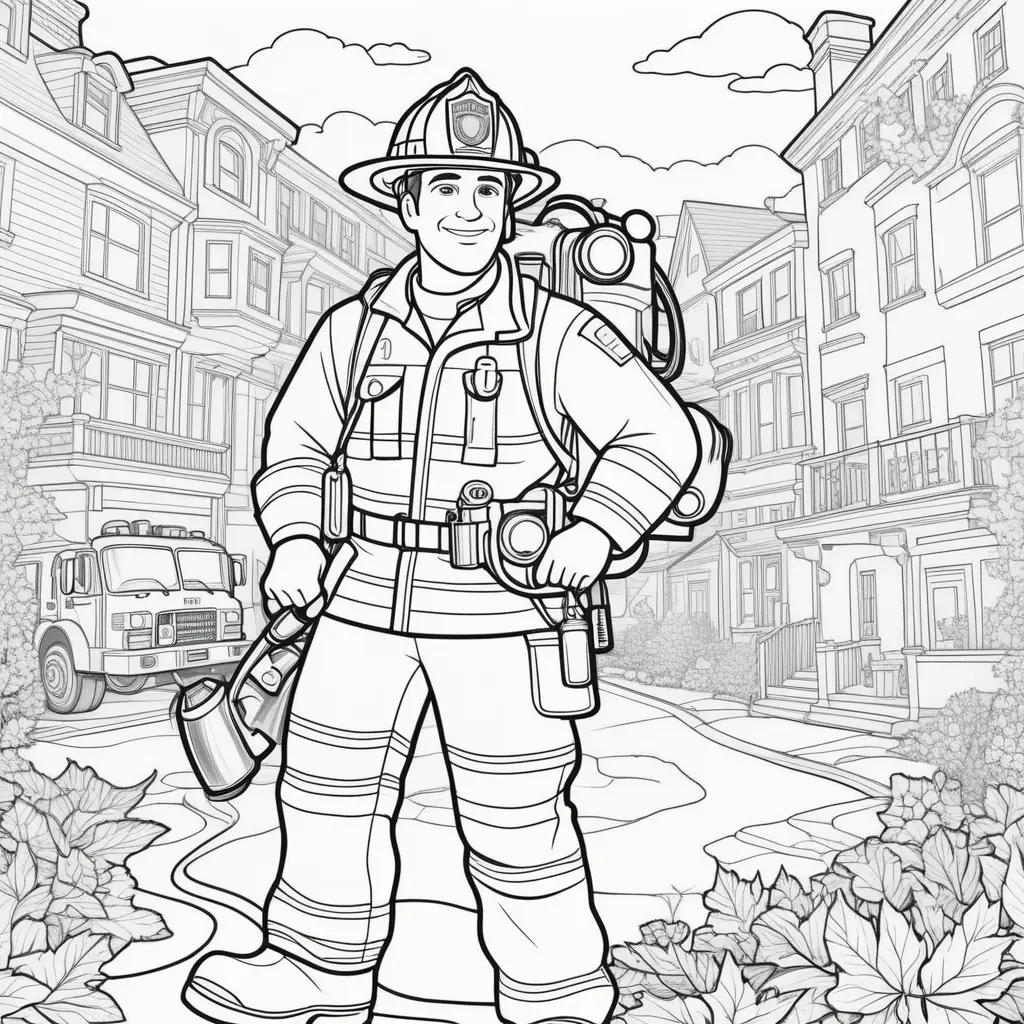 firefighter coloring page with a fire truck and buildings