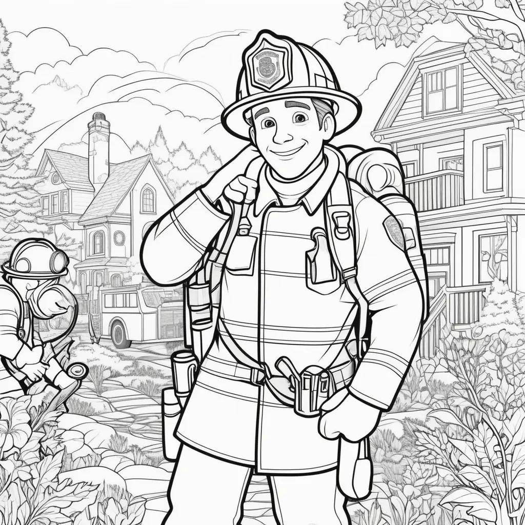 firefighter coloring page with a helmet and backpack