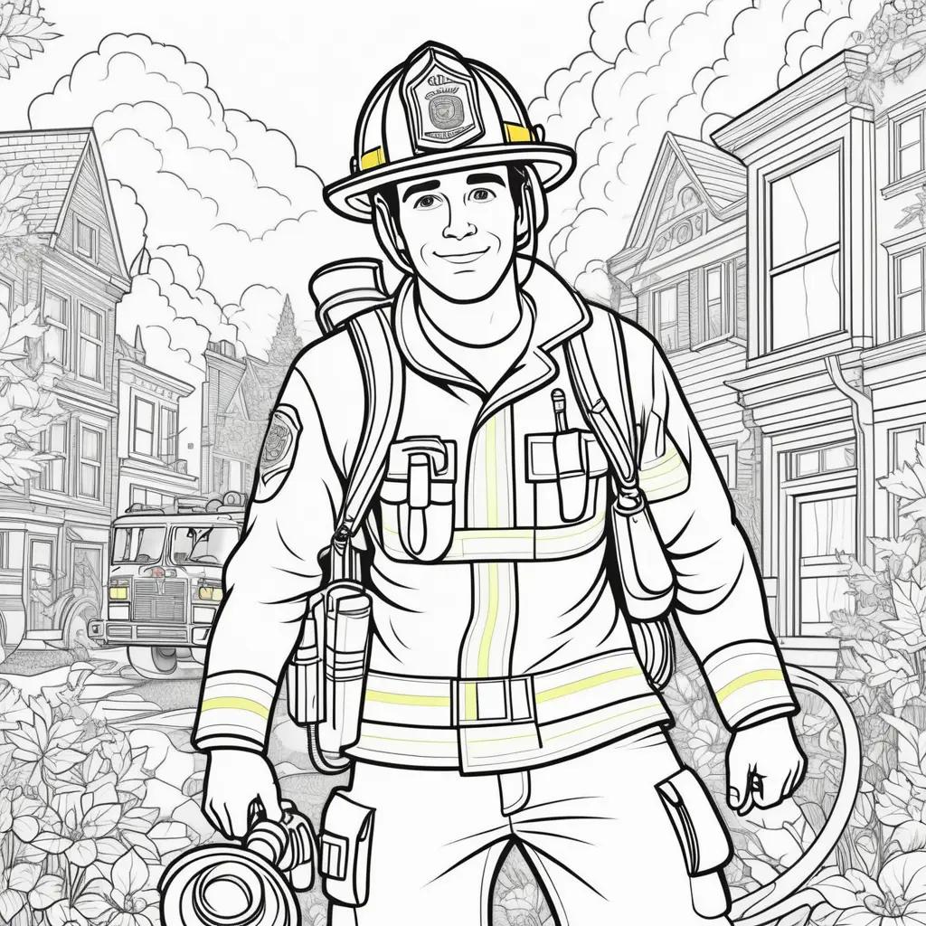 firefighter coloring page with a hose