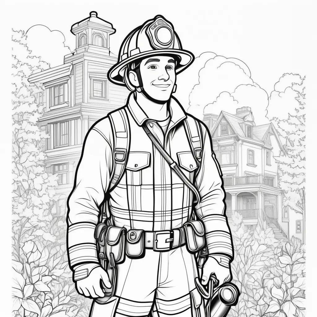 fireman coloring page with a building in the background