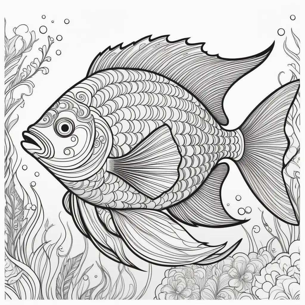 fish coloring page with bubbles and flowers