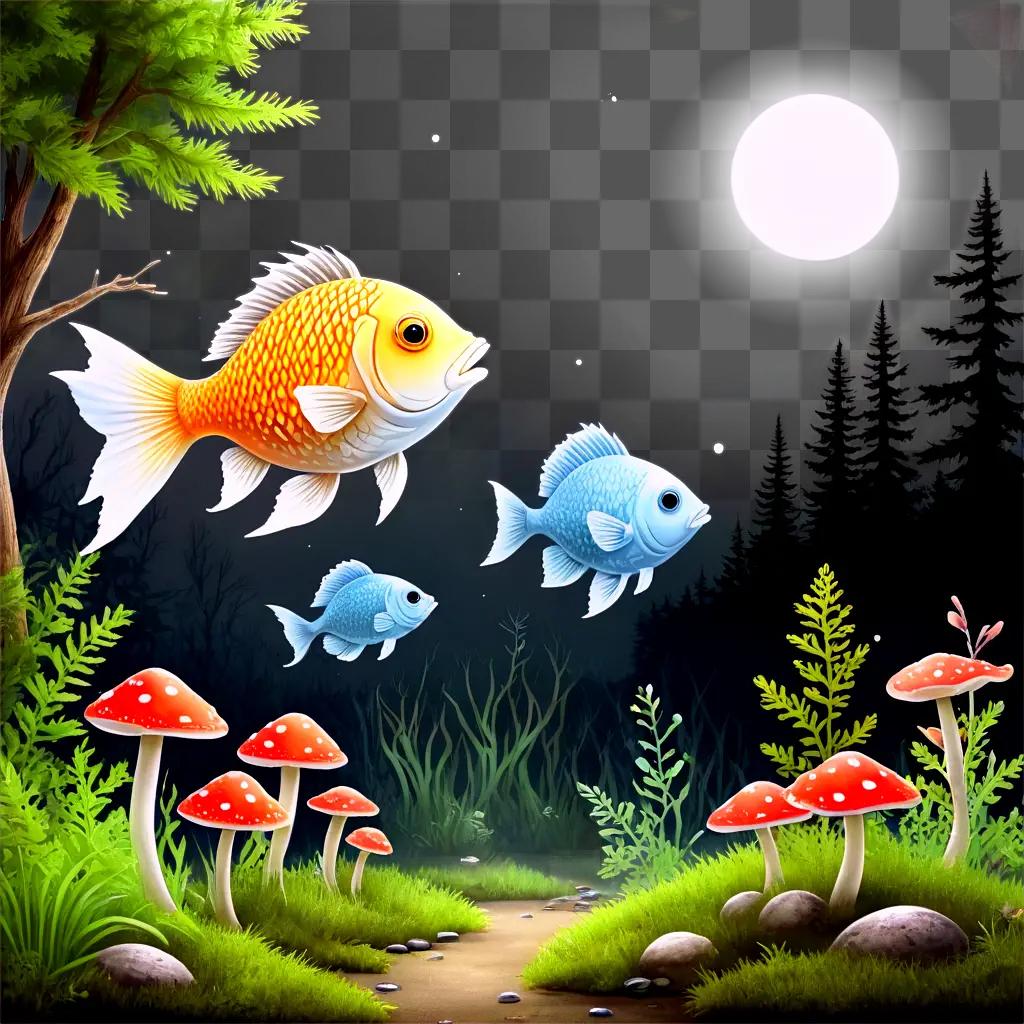 fish drawing for kids A trio of fish fly through a forest at night