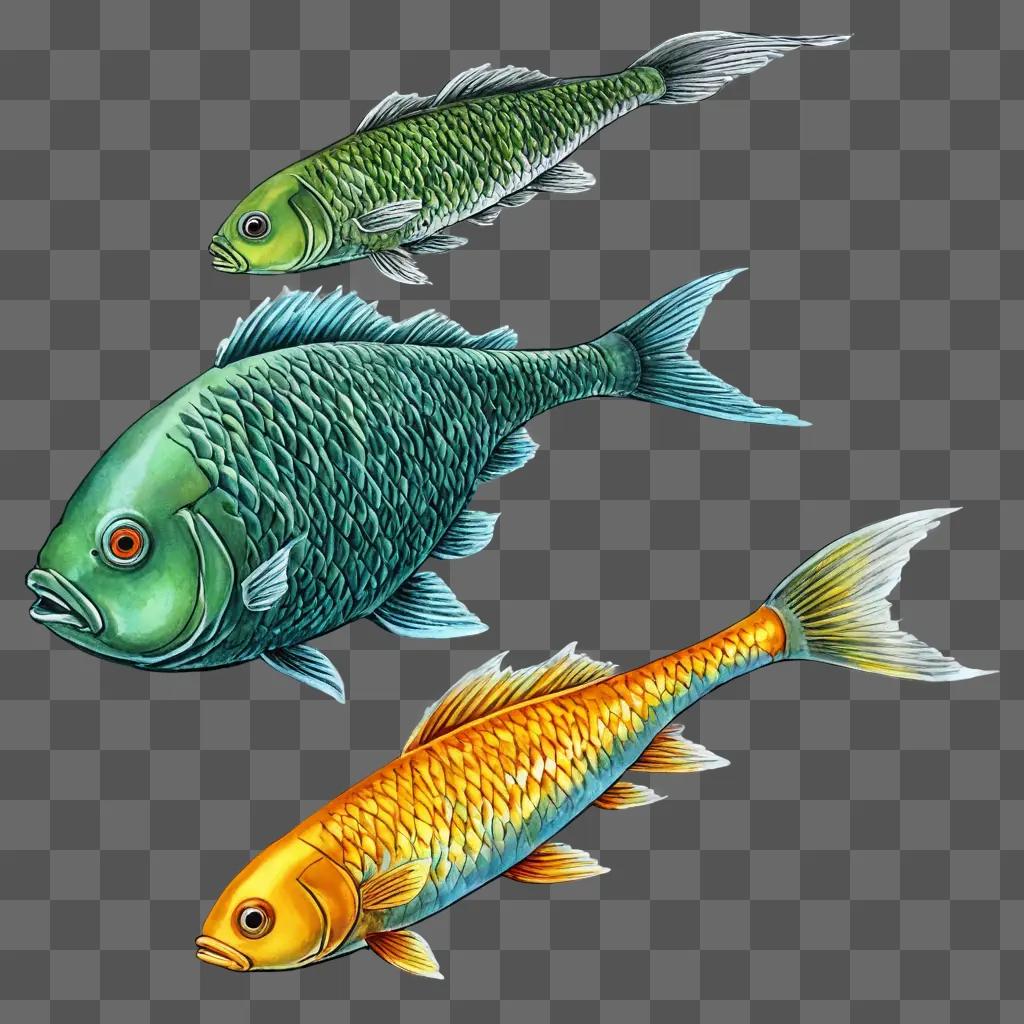 fish drawing for kids Three colorful fish swim on a green surface