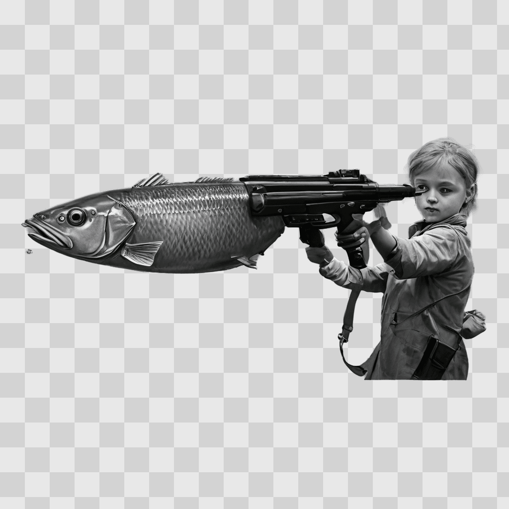 fish drawing for kids Young boy with gun aiming at fish