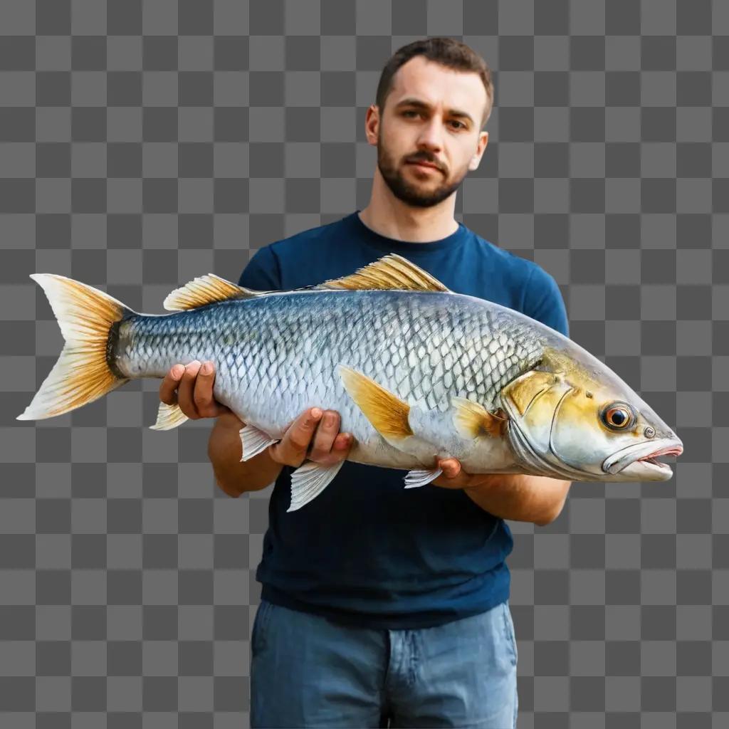 fish drawing realistic A man holding a large fish in a blue shirt