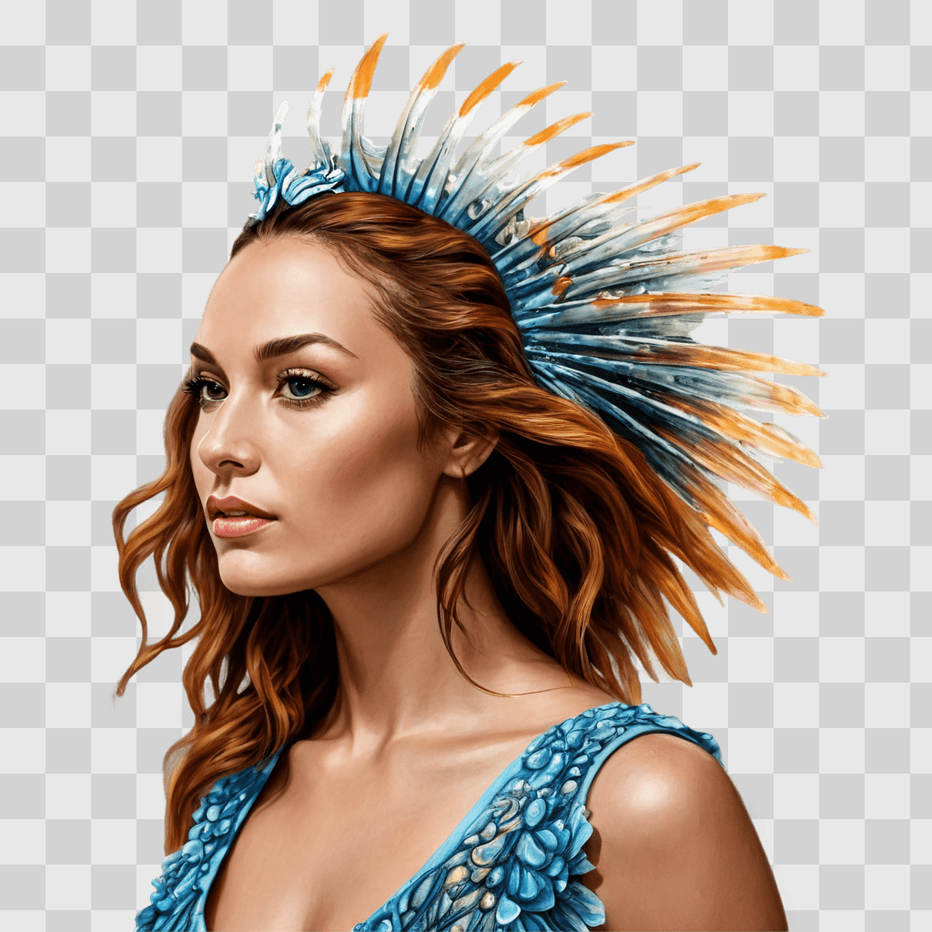 fish drawing realistic A woman with a blue dress and a feathered headdress