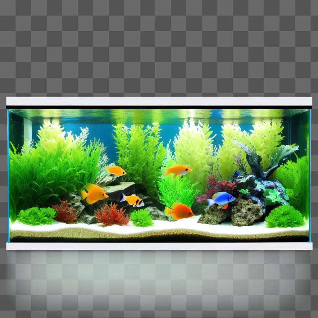 fish tank with various fish and plants inside