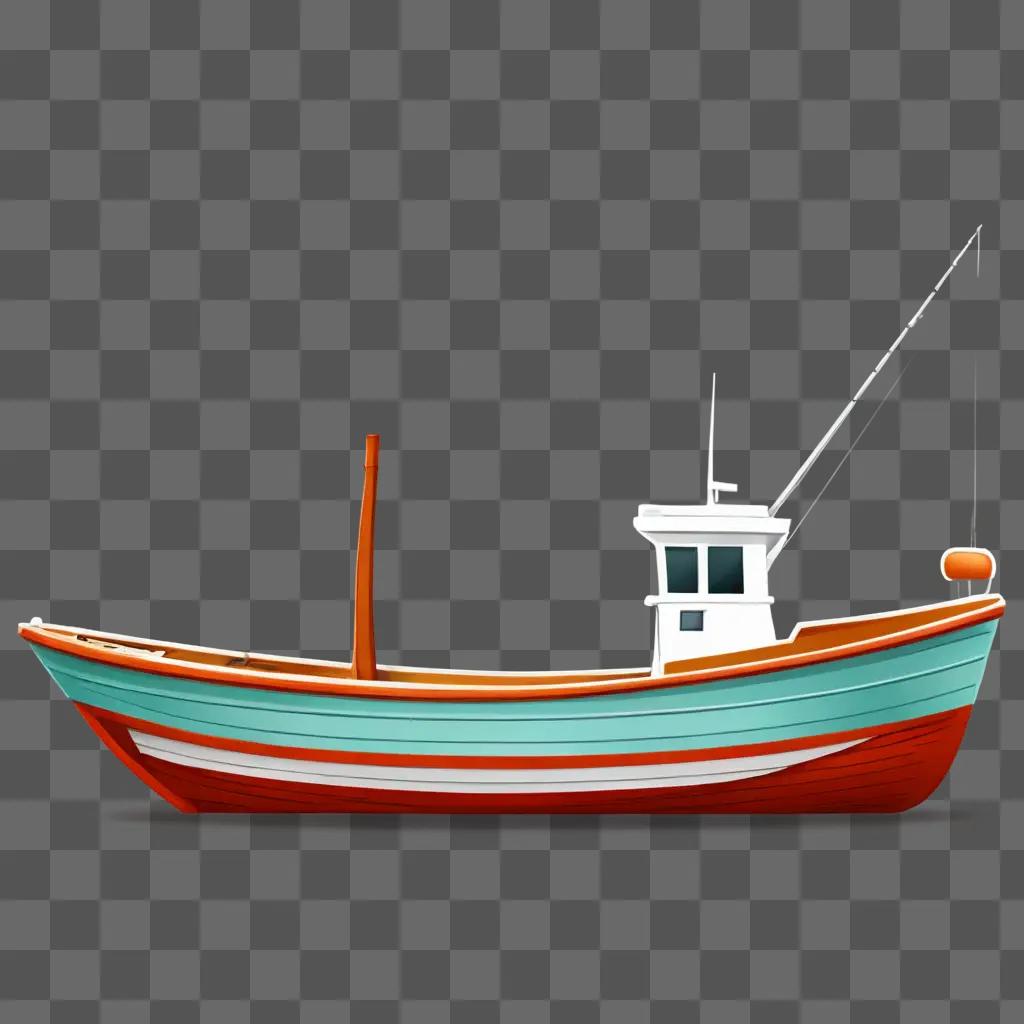 釣り船のクリップアート 茶色の水面に青とオレンジの明るい船