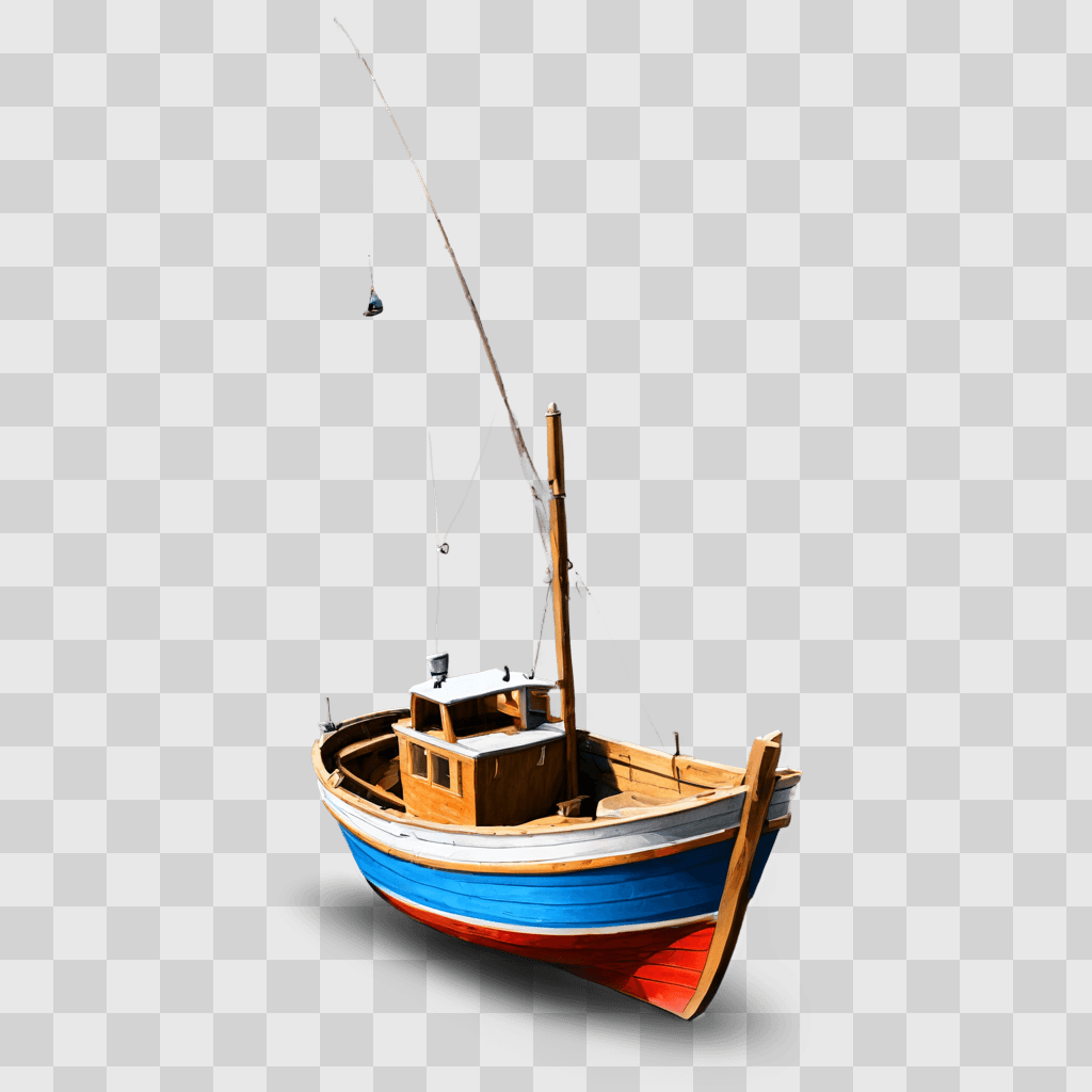 釣り船のクリップアート 釣り竿が描かれた木製のボート