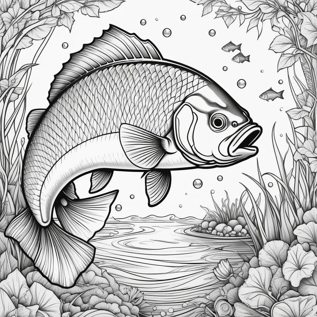 fishing coloring page with a fish and water