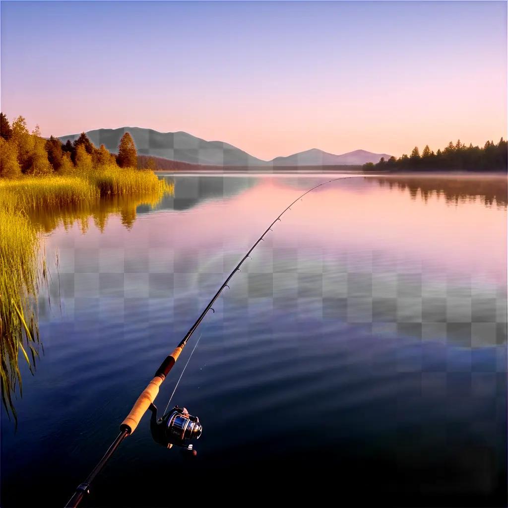 fishing rod sits on a lake during sunset