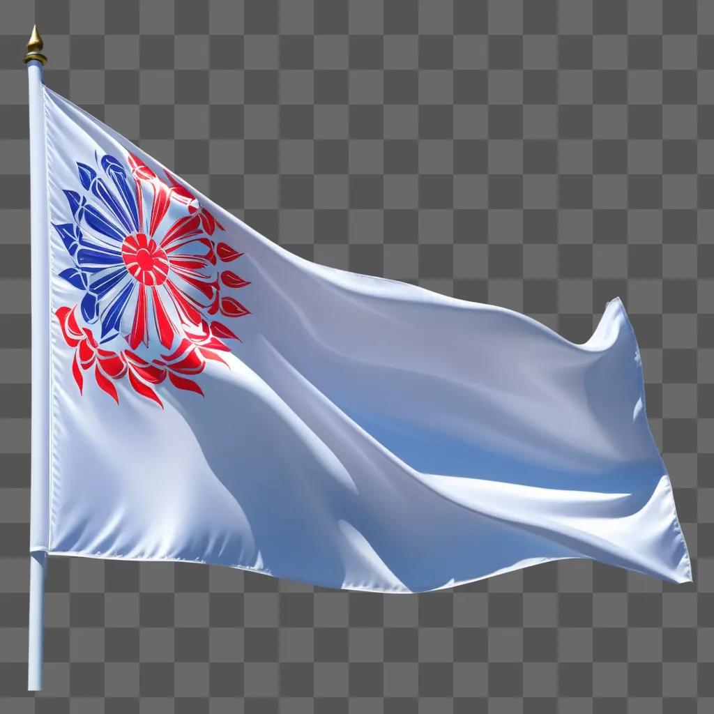 flag with a red and blue flower is flying