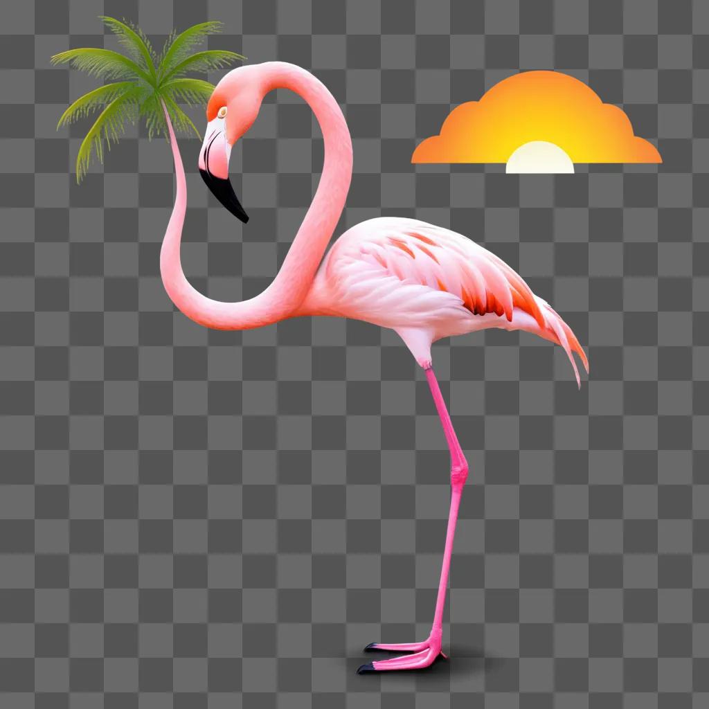 flamingo with a palm tree and a sunset in the background