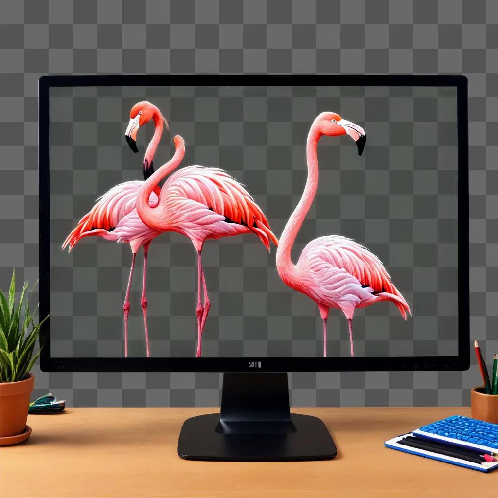 flamingos drawing realistic A computer monitor shows pink flamingos on a green background