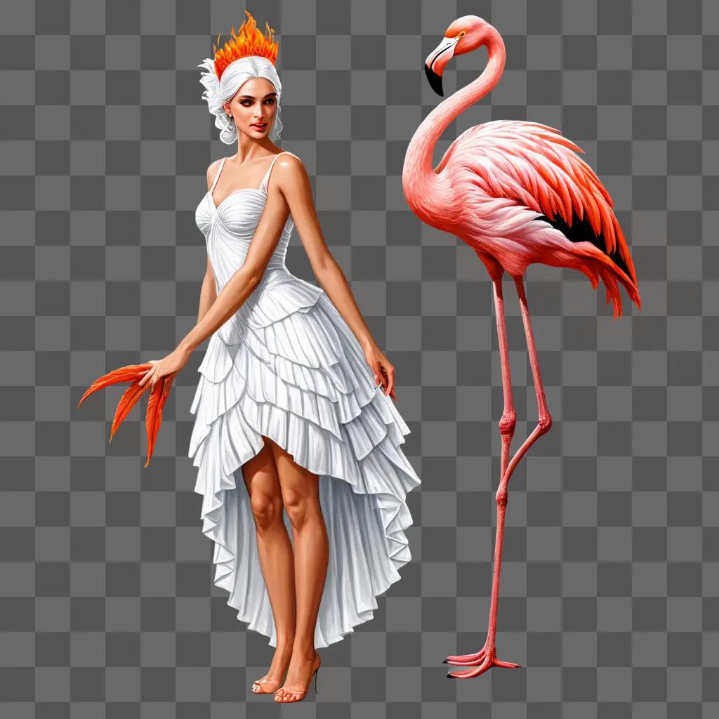 flamingos drawing realistic A woman in a white dress stands next to a flamingo