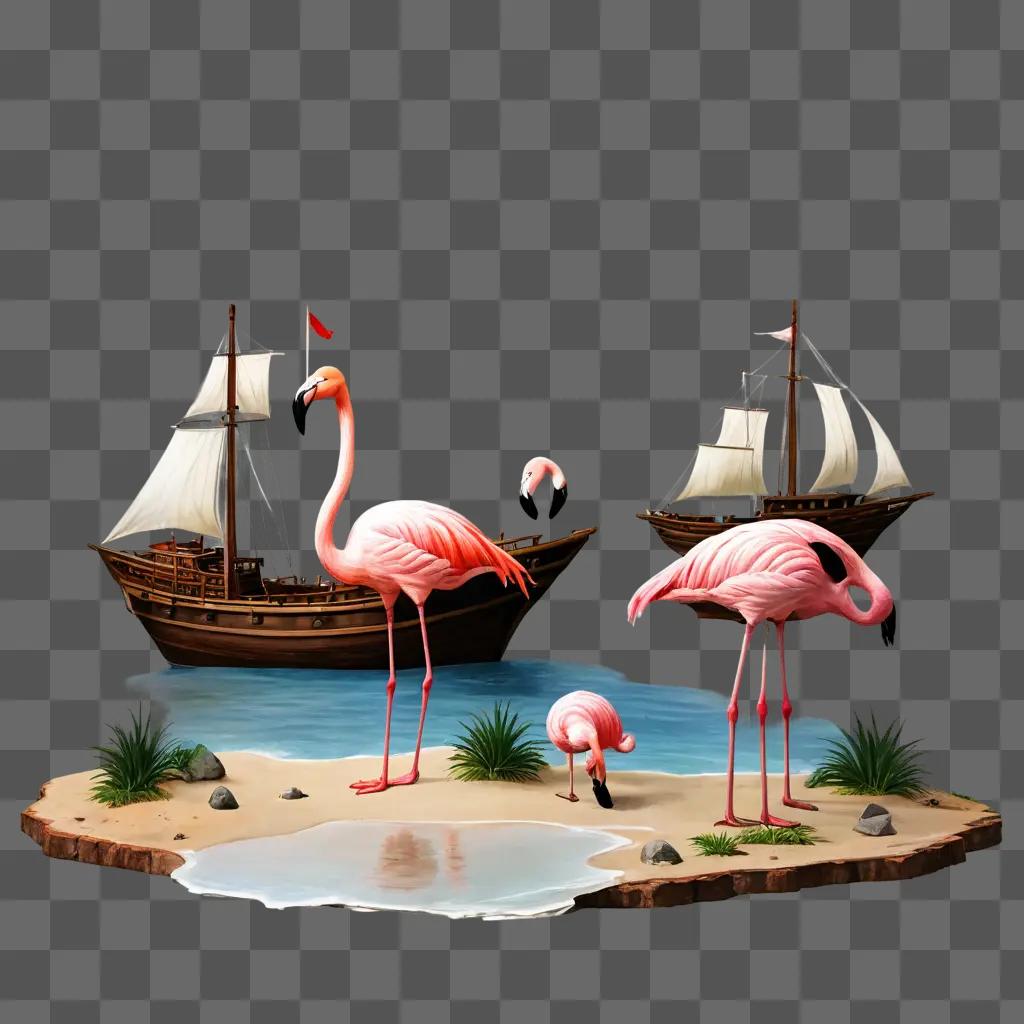 flamingos drawing realistic Flamingos stand on the beach near a ship