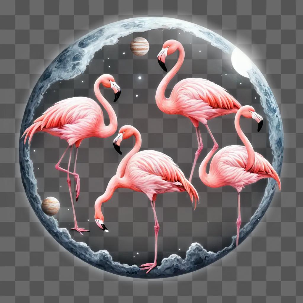 flamingos drawing realistic Four flamingos stand in the moons shadow