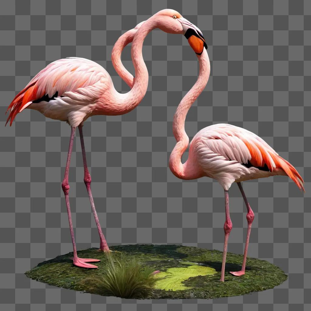 flamingos drawing realistic Two flamingos dance on a mossy green surface