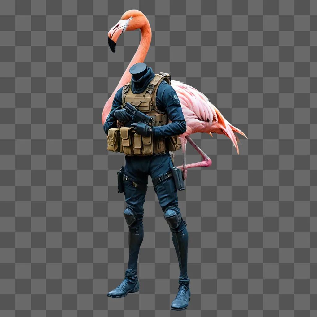 flamingos drawing with colour A man in a tactical uniform with a flamingo on his shoulder