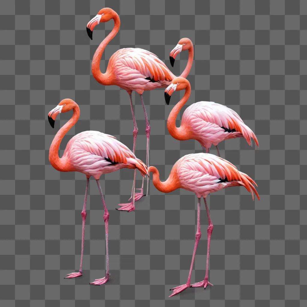 flamingos illustrated Four pink flamingos stand in a line on a pink background